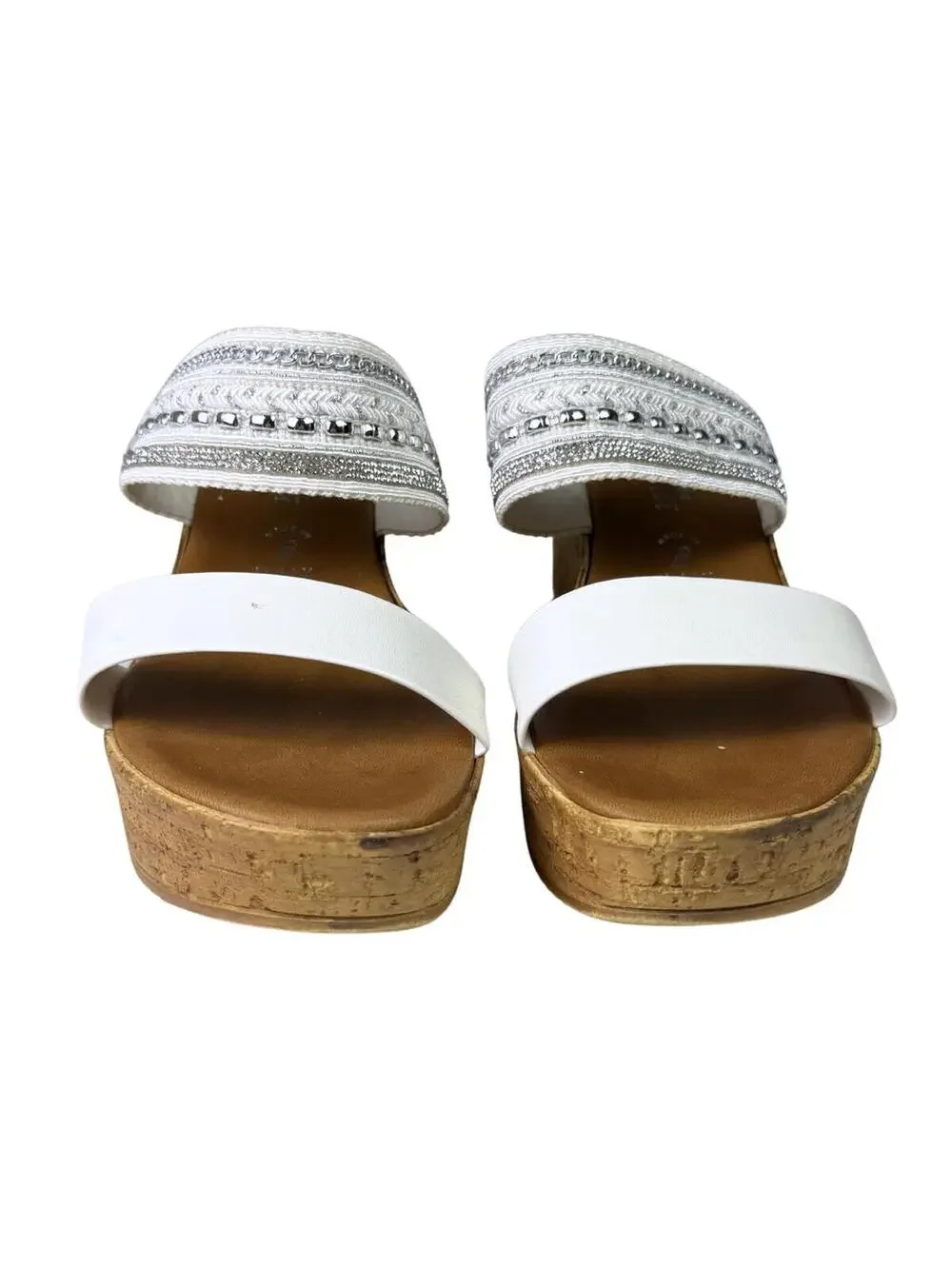 Toscanella Women White Embellished Double Band Wedge Sandals Made in Italy 8.5